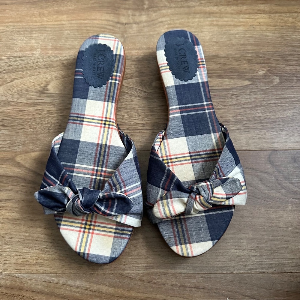J.Crew Tropez Navy Madras Plaid Wood Flat Slides sandals, size 7